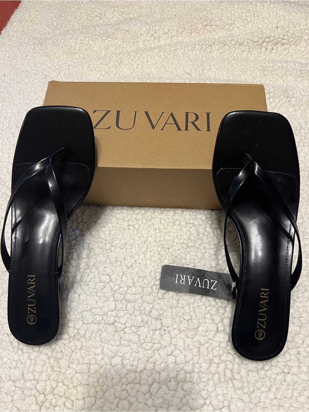 Zuvari Black Women’s Square-Toe Thong Sandals with Kitten Heel Size 9 NWT